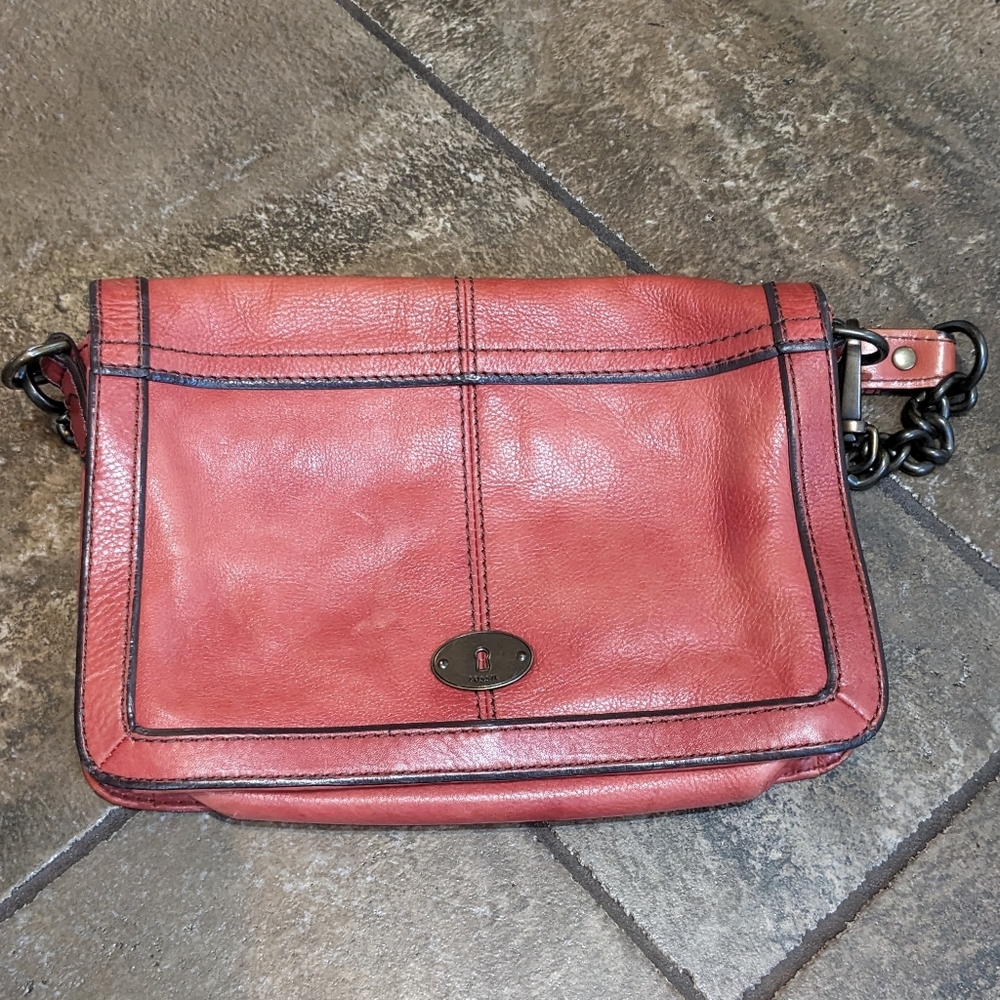 Vintage Fossil Y2K Leather Flap Chain Strap Baddie Shoulder Bag Pinky Red - Picture 4 of 16